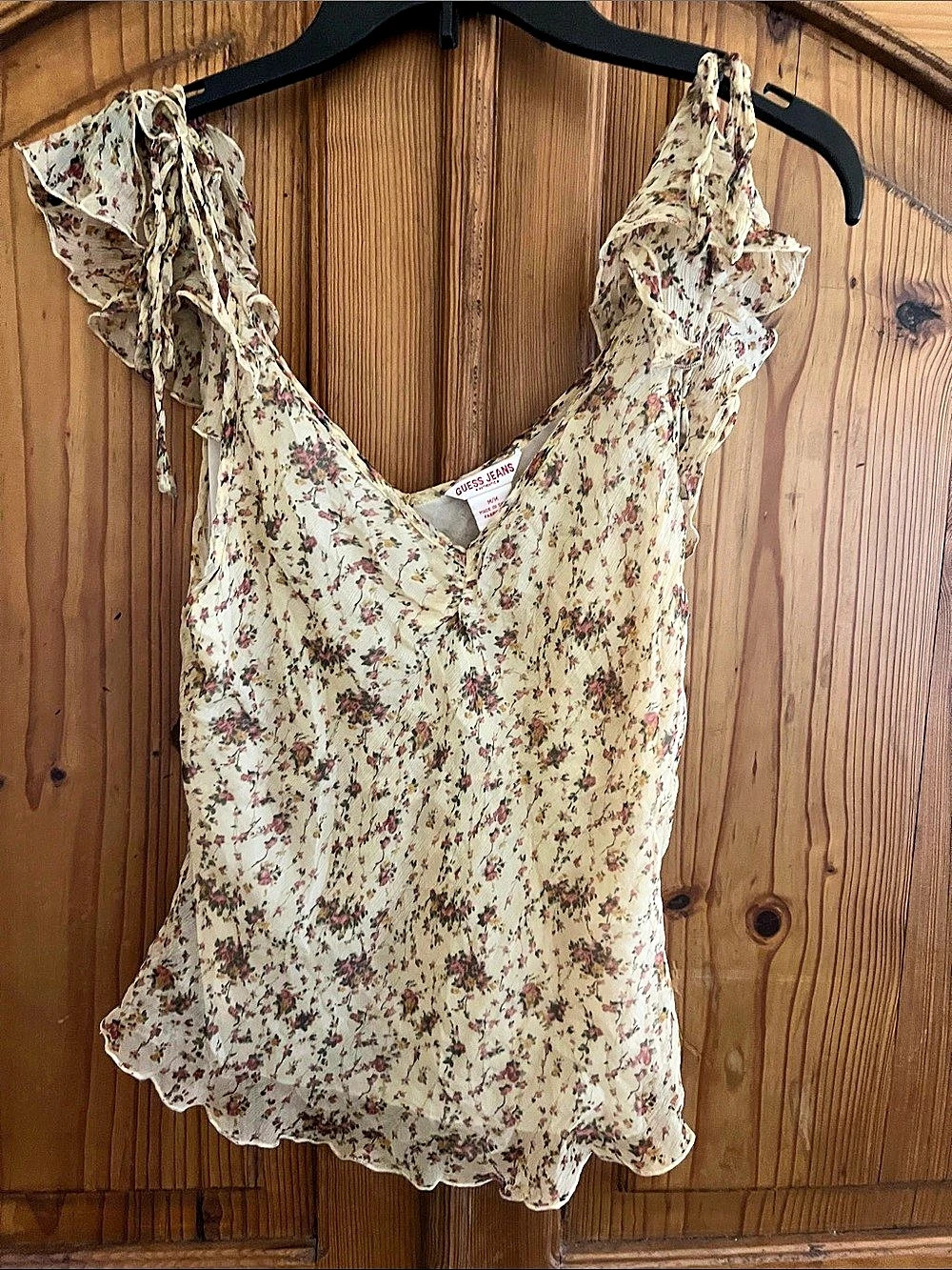 Y2K GUESS Jeans Floral Ruffle Camisole in Cream & Pink Size Medium